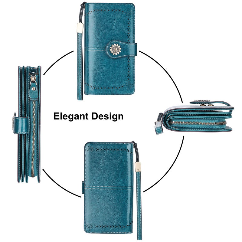 Lavemi Womens Large Capacity Genuine Leather RFID Blocking Wallets Wristlet Clutch Card Holder(1- Peacock Blue) - Image 4